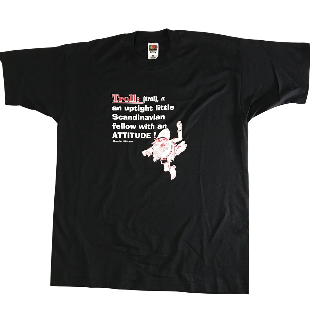 Vintage 1996 Fruit of the Loom Troll Definition Graphic T-Shirt Black XL 90s